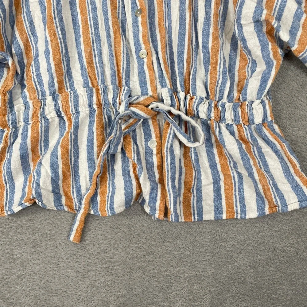 Marc New York Linen Blend Striped Peplum Top Womens Large Blue Orange Tie Waist